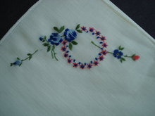 Vintage Hanky Embroidery Blue Roses