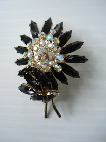 Brooch Earrings Set Black Rhinestone Flower