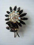 Brooch Earrings Set Black Rhinestone Flower