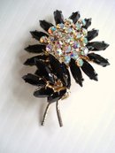Brooch Earrings Set Black Rhinestone Flower