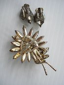 Brooch Earrings Set Black Rhinestone Flower