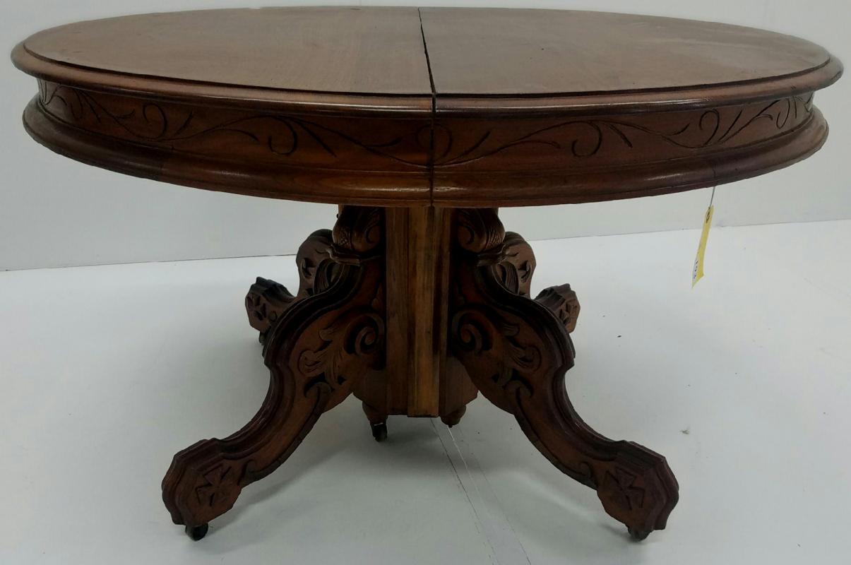 19527 Victorian Carved Walnut Dining Table – 4 Leaves