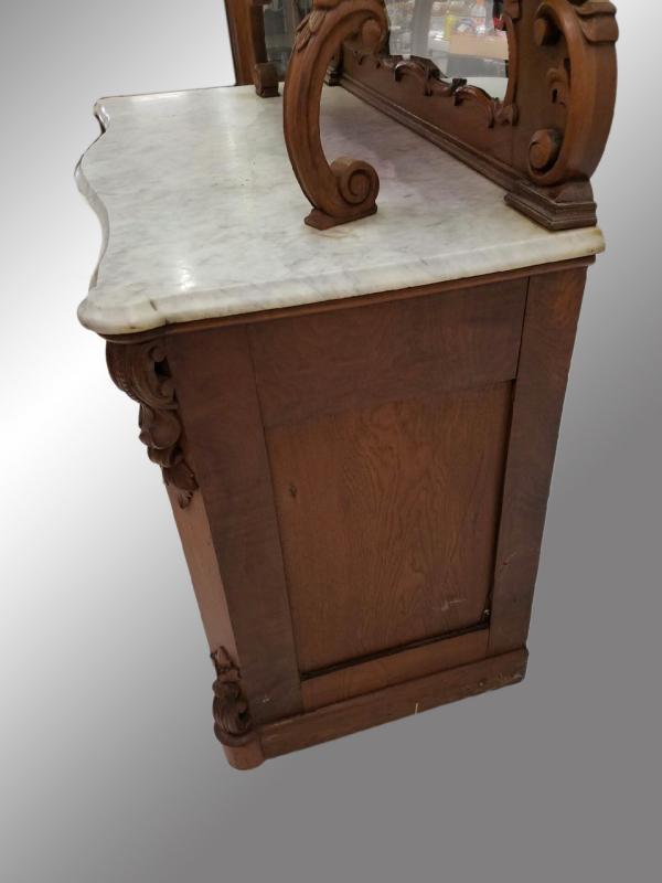 19521A Antique Victorian Carved Marble Top Sideboard - Civil War Era