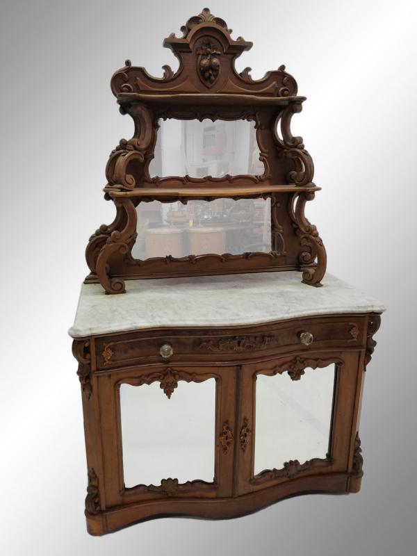 19521A Antique Victorian Carved Marble Top Sideboard - Civil War Era