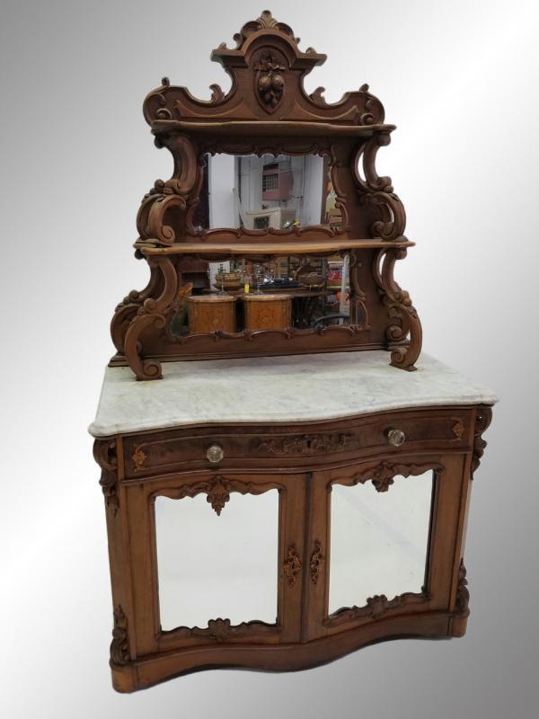 19521A Antique Victorian Carved Marble Top Sideboard - Civil War Era