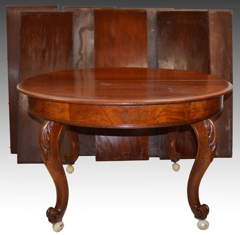 18227 Round Burl Walnut Banquet Table with 7 Leaves Open 13 Feet!
