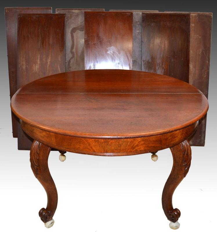 18227 Round Burl Walnut Banquet Table with 7 Leaves Open 13 Feet!