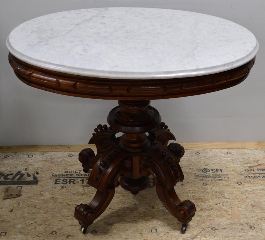 18226 Thomas Brooks Marble Top Heavy Carved Table