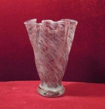 Art Glass Taffy Vase Lavender Swirl White Ruffled Rim