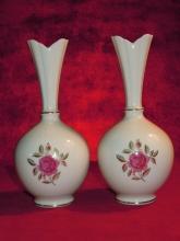 Lenox, Pair of Long neck Vases, Rose Motif White and Gold
