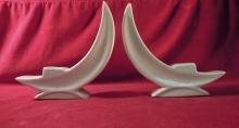 Pair of Vintage Art Pottery Candlesticks, Crescent Moons, Beige