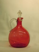 Vintage, Red Art Glass Decanter, Crown Shaped Stopper.