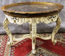 Carved Coffee Table Antique Ivory Finish with Glass Tray Top