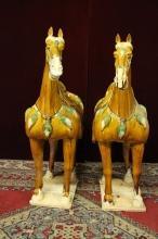 Pair Large Tang Style Ceramic Horses Tri Colored
