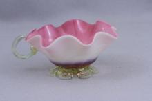 Vintage Glass Art Cup Ruffled Rim Pink and White