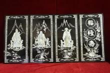 Vintage Chinese Black Lacquer Wall Panels Mother of Pearl and Alabaster