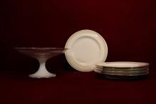 Haviland China Dessert Set with Pedestal Base Five Plates Green and Gold Pattern
