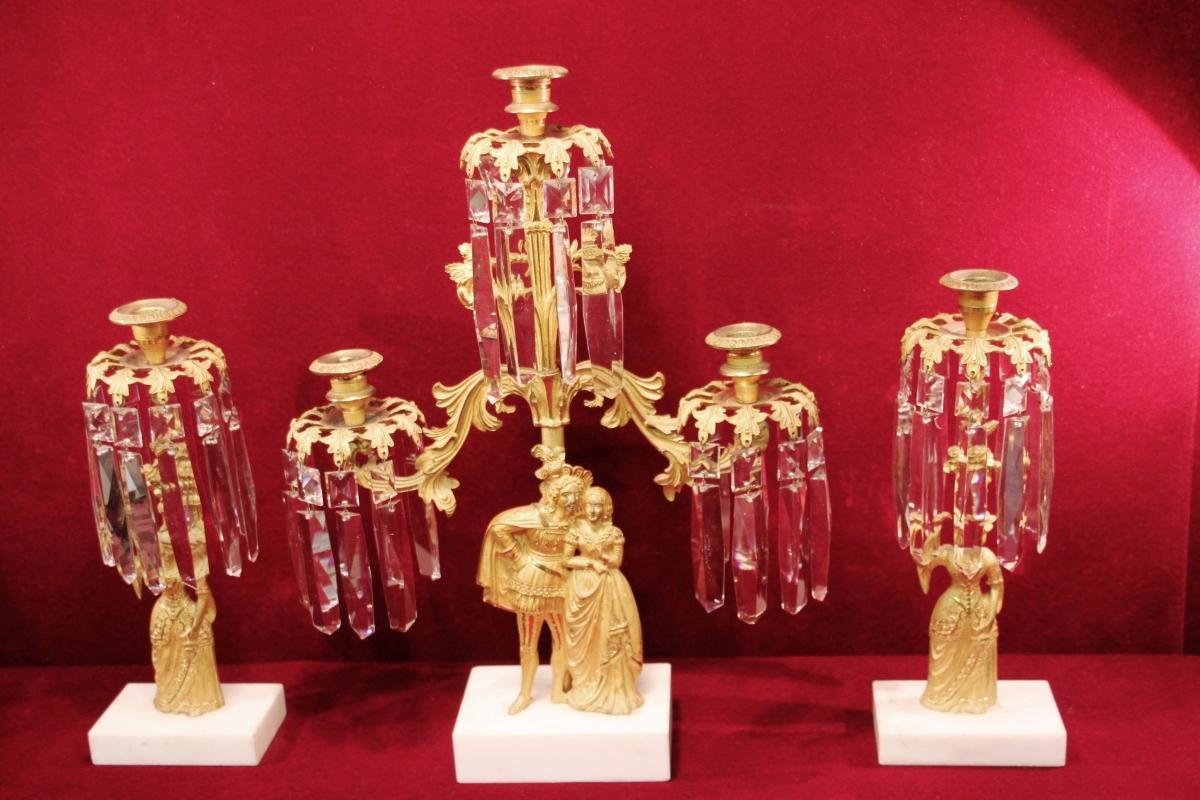 Antique Figural Candelabra Gilded Girandole Prisms Marble