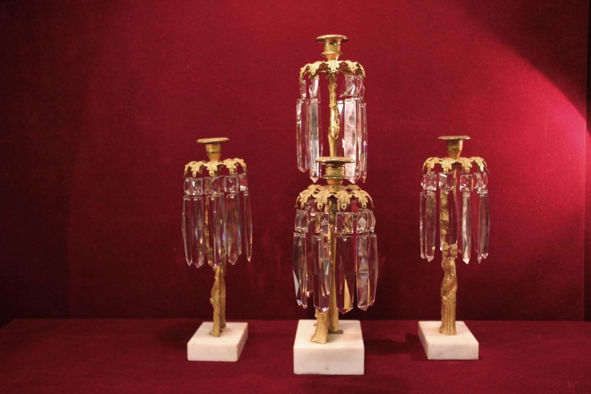 Antique Figural Candelabra Gilded Girandole Prisms Marble