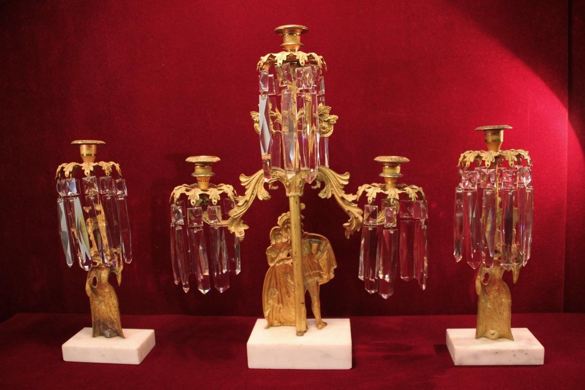 Antique Figural Candelabra Gilded Girandole Prisms Marble