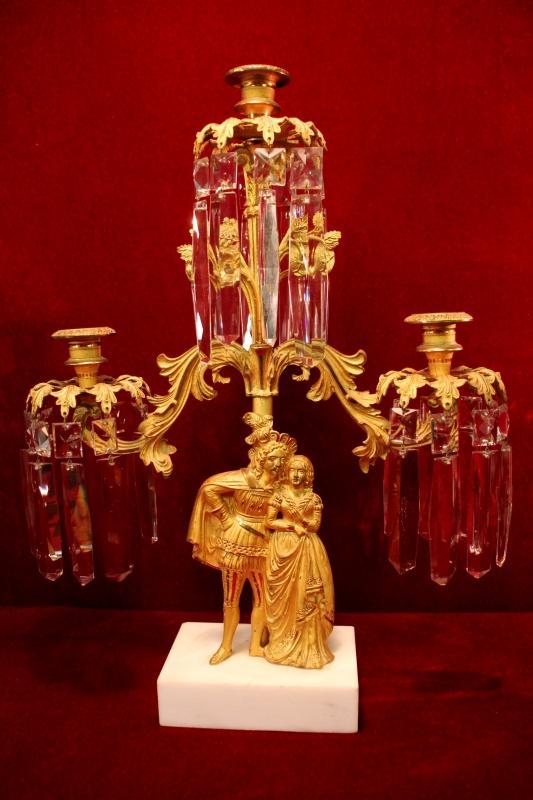Antique Figural Candelabra Gilded Girandole Prisms Marble