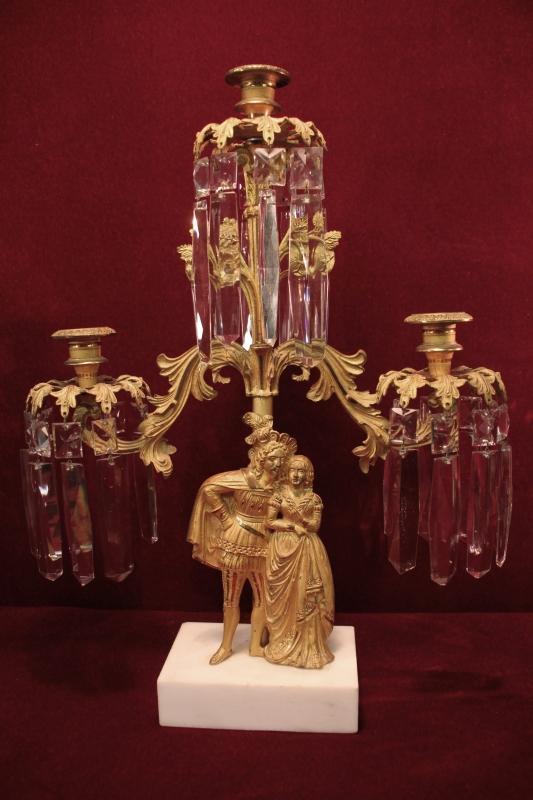 Antique Figural Candelabra Gilded Girandole Prisms Marble