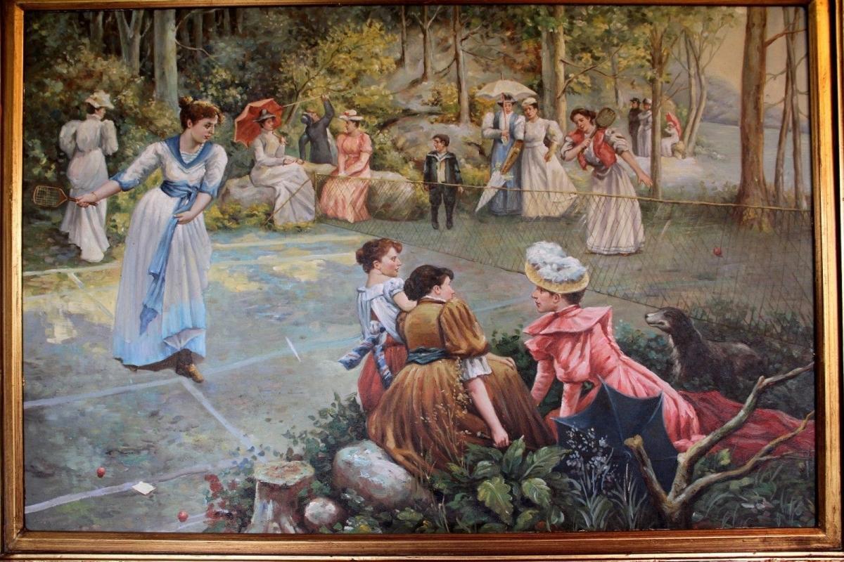 Oil Painting Women Tennis Theme Ornate Gold Frame