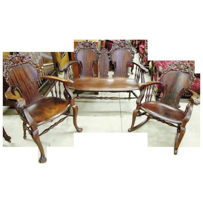 Stickley Style Parlor Settee Rocking and Accent Chair Griffin Heads