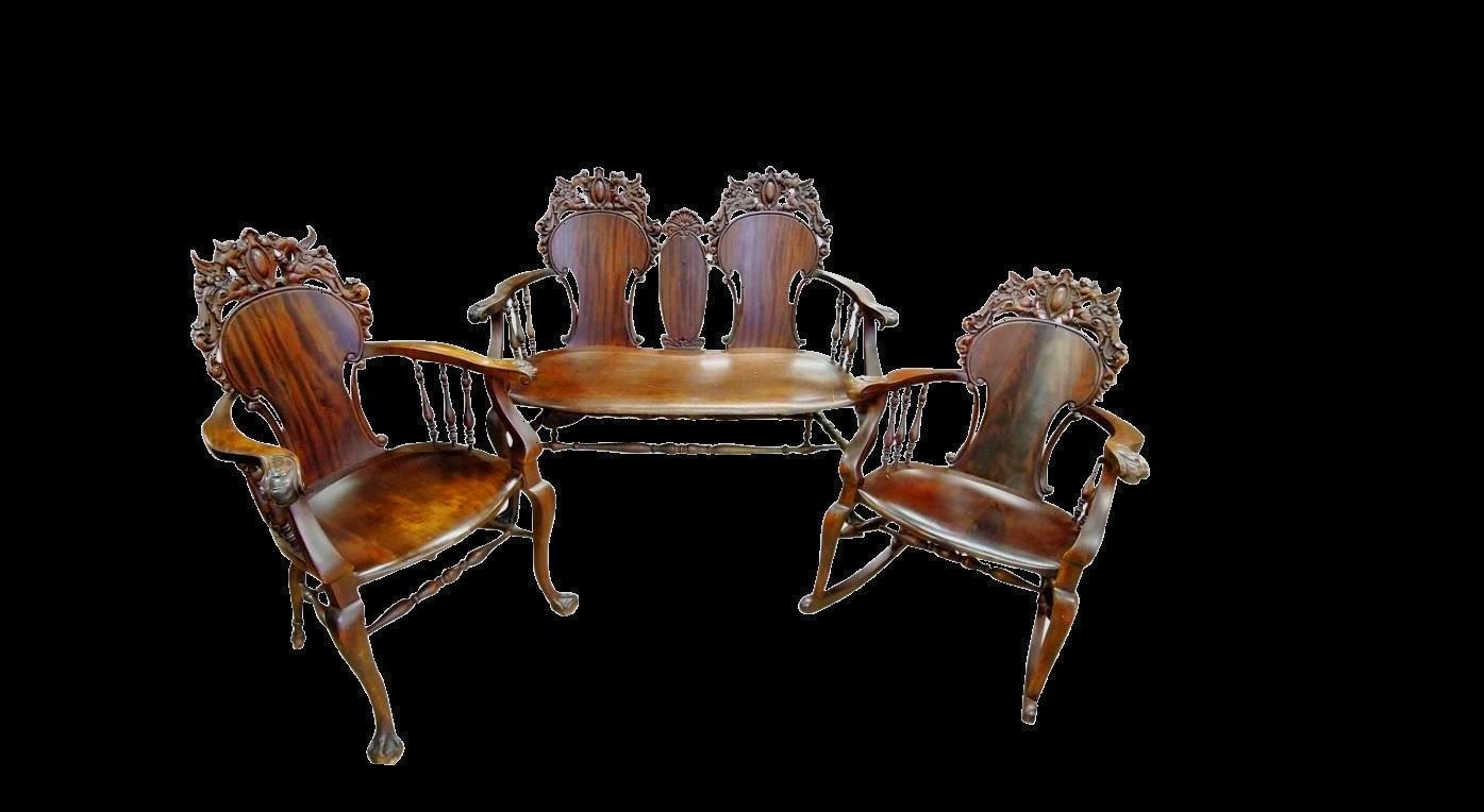 Stickley Style Parlor Settee Rocking and Accent Chair Griffin Heads