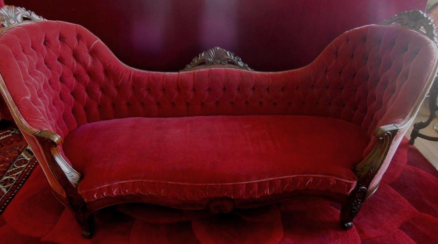 Rosewood Rococo Settee Burgundy Mohair Tufted Back