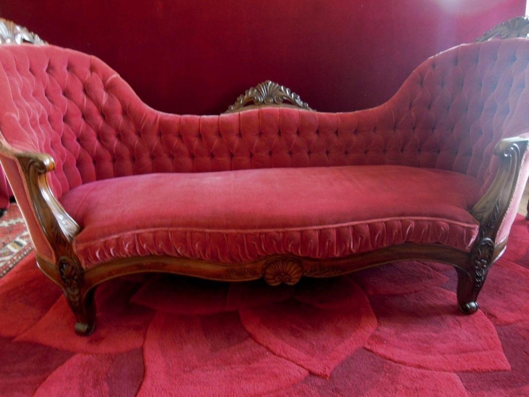 Rosewood Rococo Settee Burgundy Mohair Tufted Back
