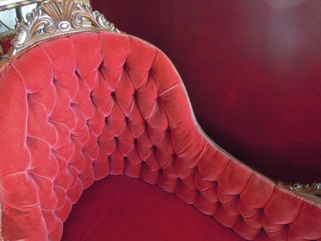 Rosewood Rococo Settee Burgundy Mohair Tufted Back