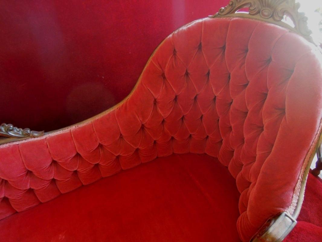 Rosewood Rococo Settee Burgundy Mohair Tufted Back