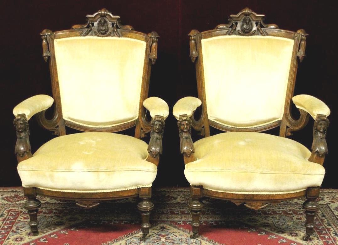 John Jelliff Style Parlor Chairs Figural Carved Heads Stunning
