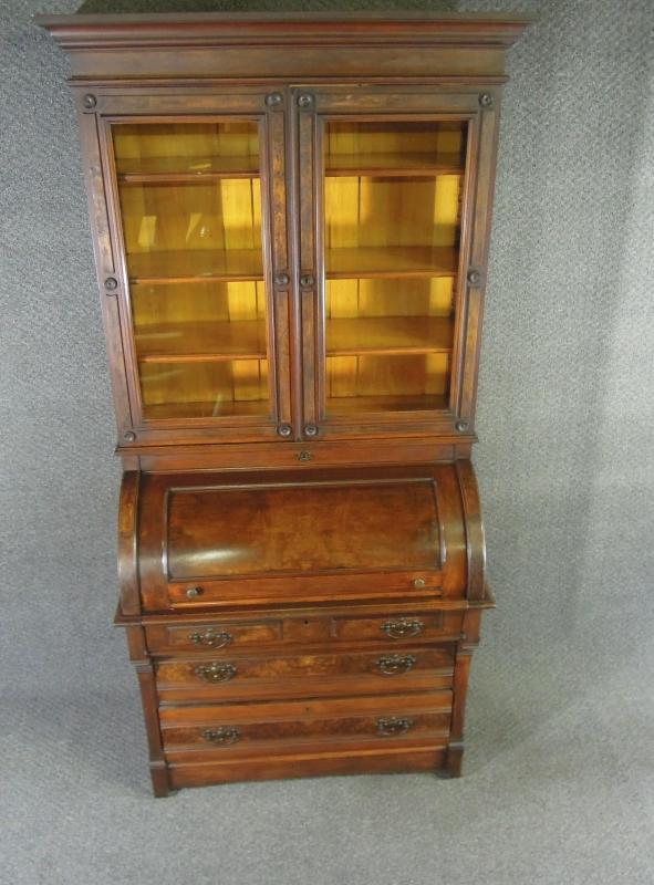 Antique Victorian Cylinder Secretary Desk Mahogany & Burl