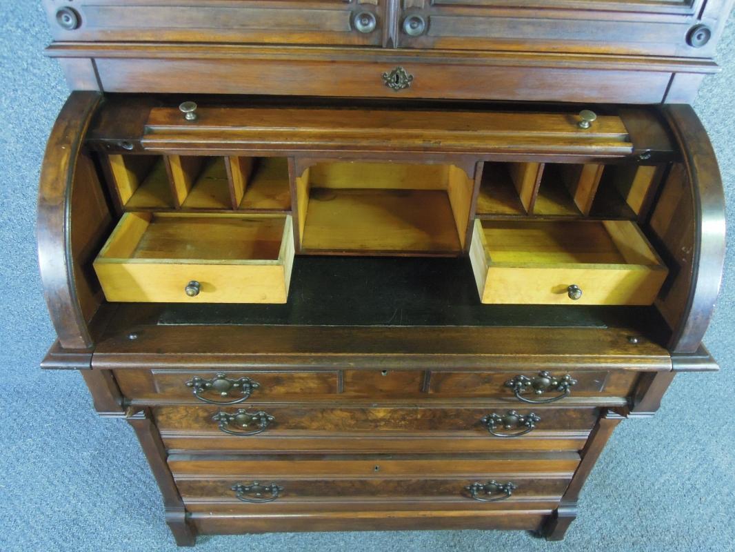 Antique Victorian Cylinder Secretary Desk Mahogany & Burl