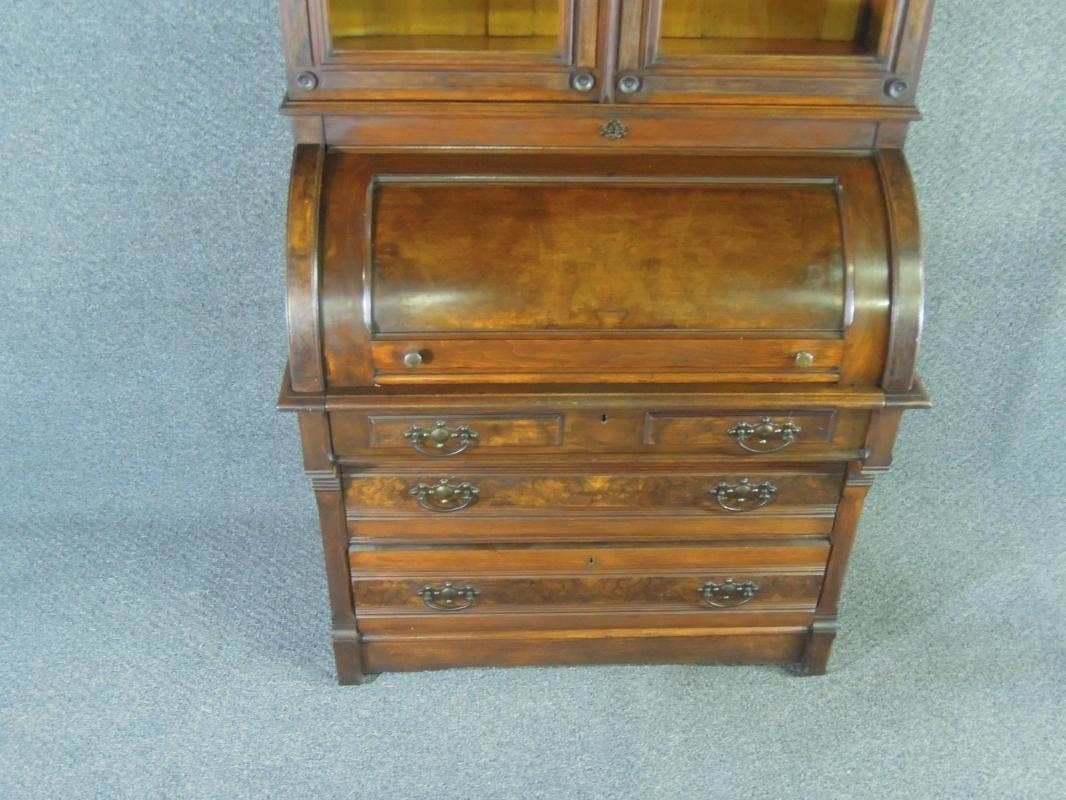 Antique Victorian Cylinder Secretary Desk Mahogany & Burl