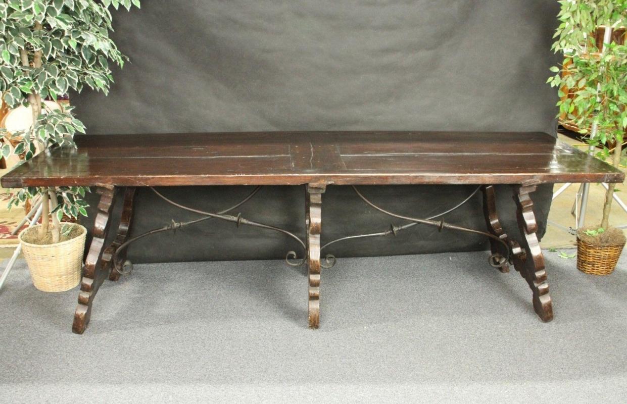 Antique Spanish Baroque Refectory Table Iron Scrolls Large Very Old