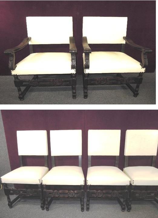 Antique French High Back Chairs Master Carved Arms Stretcher Side Six