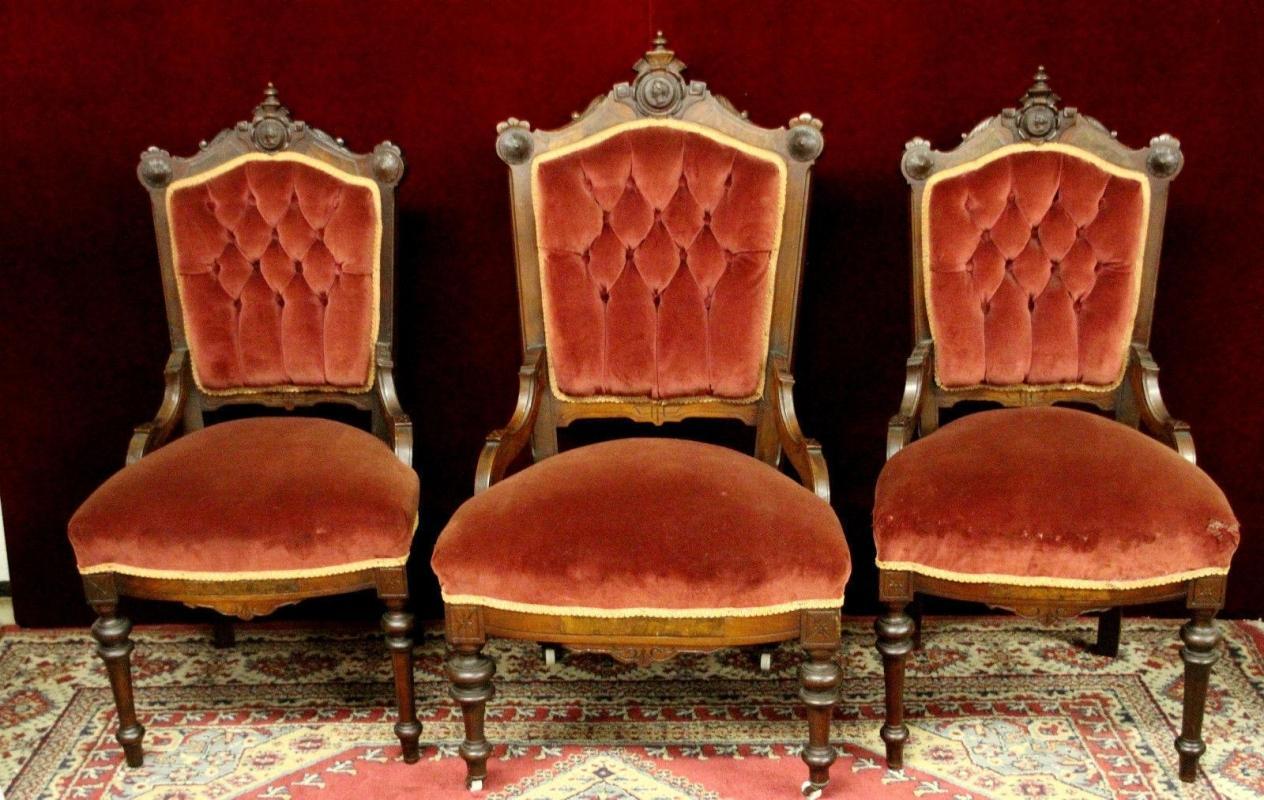 Parlor Chairs Carved Crests Velvet Material Three
