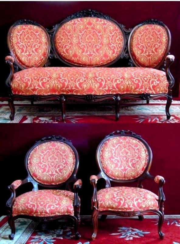Rocco Revival Parlor Salon Settee Matching Chairs Brand New Brocade Red and Gold