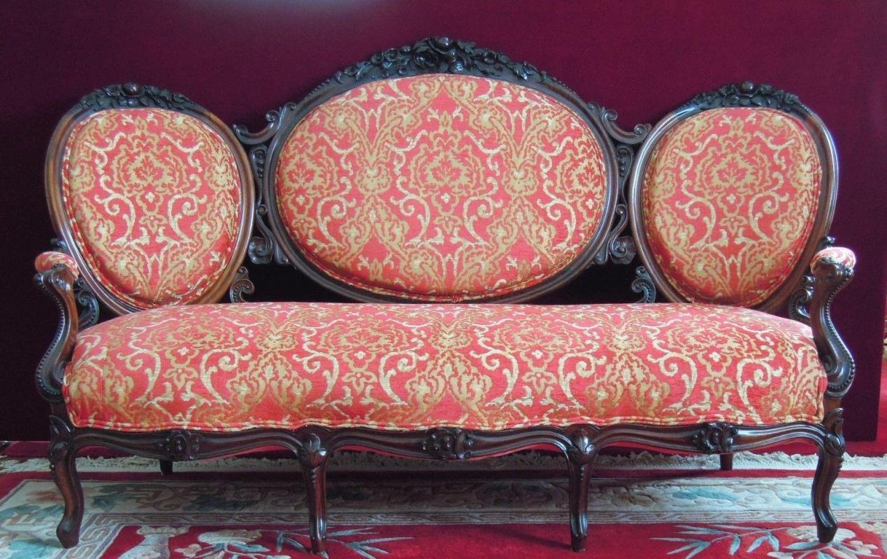 Rocco Revival Parlor Salon Settee Matching Chairs Brand New Brocade Red and Gold