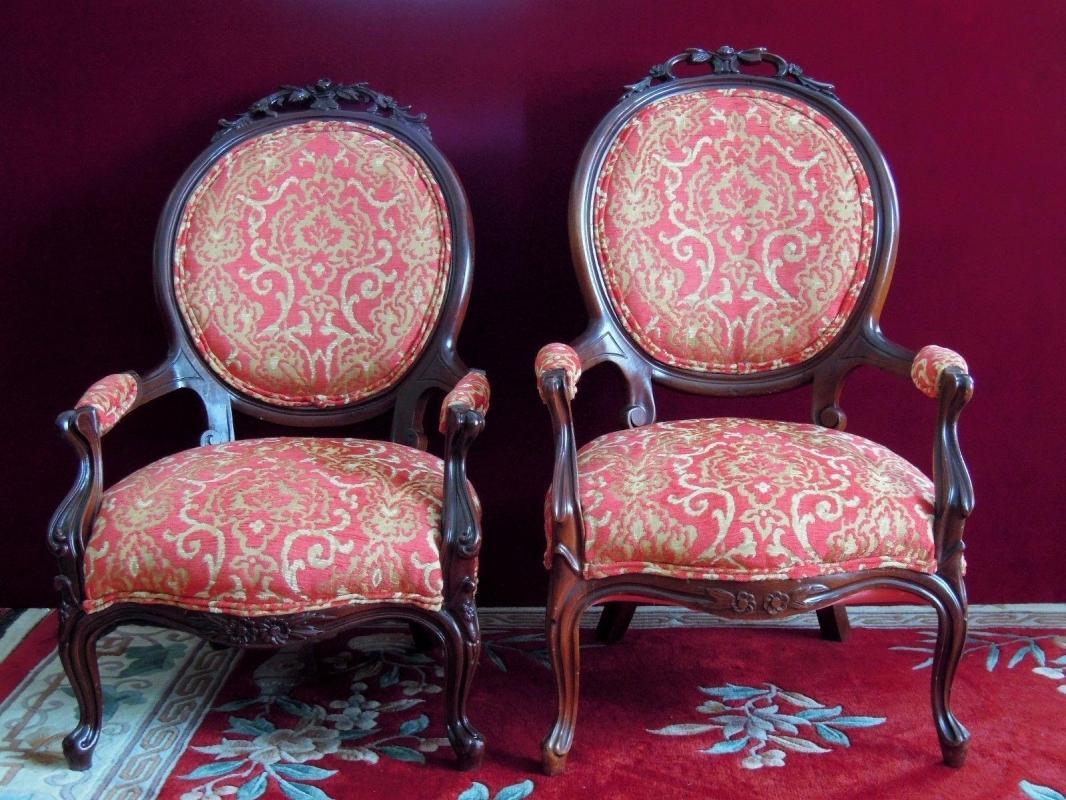 Rocco Revival Parlor Salon Settee Matching Chairs Brand New Brocade Red and Gold