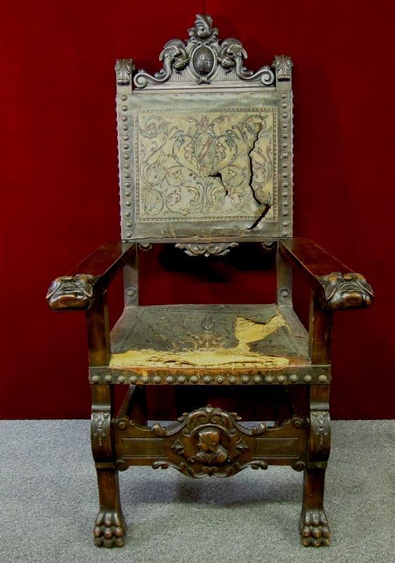 Antique Regal Gothic Throne Chair Coat Of Arms Figural Head RARE