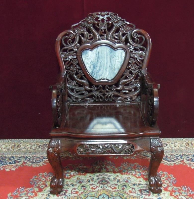 Asian Dragon Arm Chair Inlaid Medallion Stone Ornate Mahogany