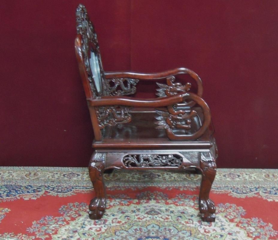 Asian Dragon Arm Chair Inlaid Medallion Stone Ornate Mahogany