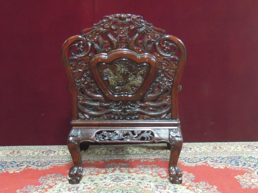 Asian Dragon Arm Chair Inlaid Medallion Stone Ornate Mahogany