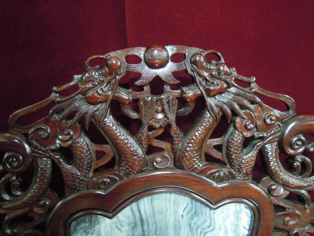 Asian Dragon Arm Chair Inlaid Medallion Stone Ornate Mahogany