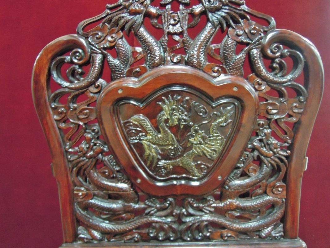 Asian Dragon Arm Chair Inlaid Medallion Stone Ornate Mahogany