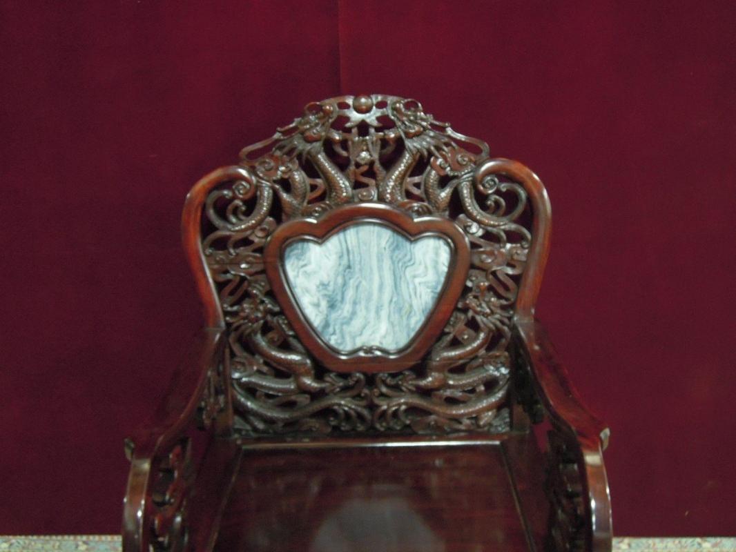 Asian Dragon Arm Chair Inlaid Medallion Stone Ornate Mahogany